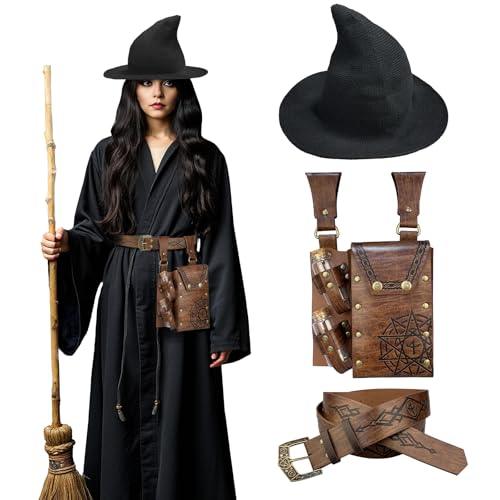 HiiFeuer Medieval Faux Leather Alchemy Set, Witch Pointed Hat for Women, Fantasy Wizard Belt with Potion Vials Waist Pouch - HiiFeuer Store