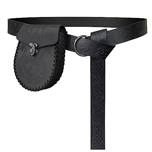 HiiFeuer Medieval Embossed O Ring Belt with Nordic Embossed Belt Bag, Vintage Faux Leather Belt and Belt Pouch Set for LARP - HiiFeuer Store