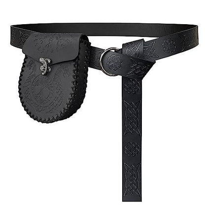 HiiFeuer Medieval Embossed O Ring Belt with Nordic Embossed Belt Bag, Vintage Faux Leather Belt and Belt Pouch Set for LARP - HiiFeuer Store