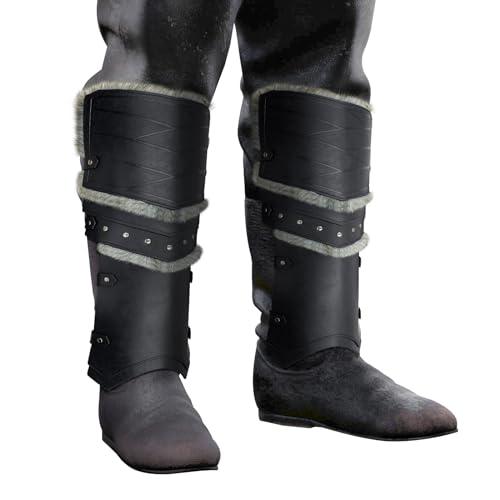 HiiFeuer Medieval Faux Leather Barbarian Leg Gaiters, Vintage Middle Ages Knight Leg Armor, Artificial Fur Shin Guards - HiiFeuer Store