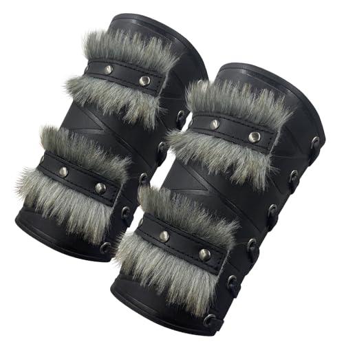 HiiFeuer Nordic Viking Barbarian Arm Guards, Medieval Artificial Fur Gauntlets, Vintage Faux Leather Bracers for LARP - HiiFeuer Store