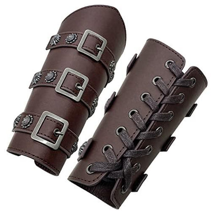 HiiFeuer Medieval PU Leather Buckle Arm Bracers, Knight LARP Retro Renaissance Arm Guards, One Size One Pair - HiiFeuer Store