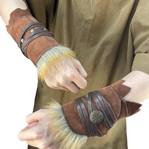 HiiFeuer Medieval Suede Arm Wraps, Renaissance Artificial Fur Bracers, Viking Wrist Band Archery Arm Guards Knight Gauntlets - HiiFeuer Store