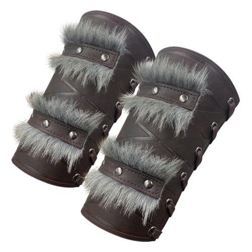 HiiFeuer Nordic Viking Barbarian Arm Guards, Medieval Artificial Fur Gauntlets, Vintage Faux Leather Bracers for LARP - HiiFeuer Store