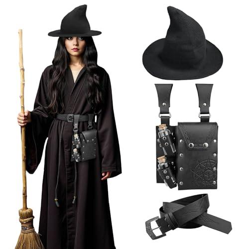 HiiFeuer Medieval Faux Leather Alchemy Set, Witch Pointed Hat for Women, Fantasy Wizard Belt with Potion Vials Waist Pouch - HiiFeuer Store