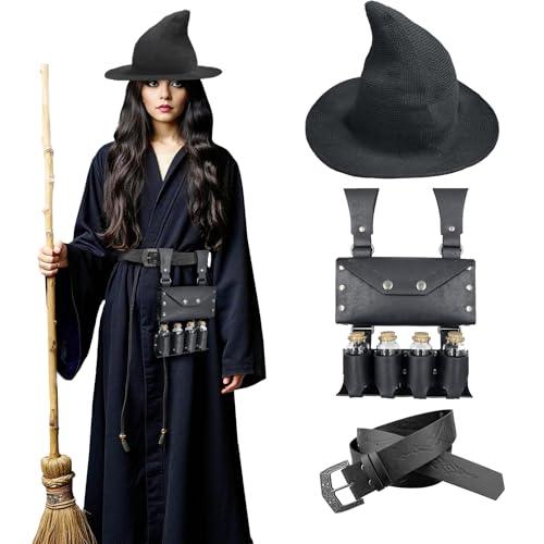 HiiFeuer Medieval Faux Leather Alchemy Set, Witch Pointed Hat for Women, Fantasy Wizard Belt with Potion Vials Waist Pouch - HiiFeuer Store