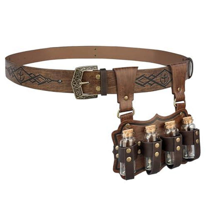 HiiFeuer Medieval Embossed Alchemy Faux Leather Buckle Belt with 4 Cork Vials, Fantasy Wizard Potion Bottles Belt - HiiFeuer Store