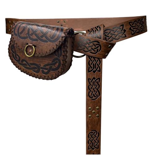 HiiFeuer Medieval Embossed O Ring Belt with Nordic Embossed Belt Bag, Vintage Faux Leather Belt and Belt Pouch Set for LARP - HiiFeuer Store