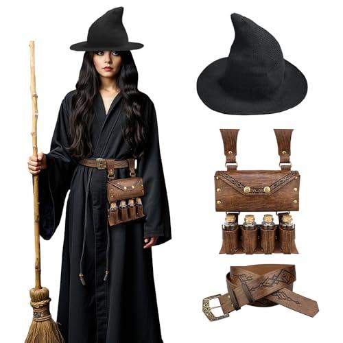 HiiFeuer Medieval Faux Leather Alchemy Set, Witch Pointed Hat for Women, Fantasy Wizard Belt with Potion Vials Waist Pouch - HiiFeuer Store