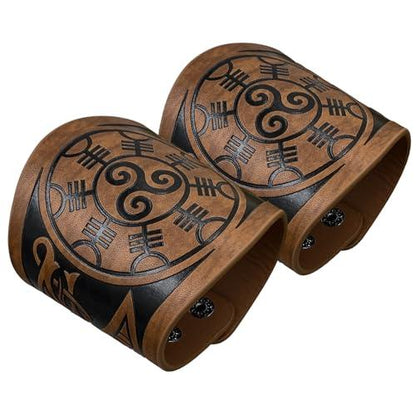 HiiFeuer 2 PCS Viking Embossed Faux Leather Cuff Bracelet, Norse Retro Wristband, Nordic Mjolnir Vegvisir Pattern Cuff Bangle Bracelet - HiiFeuer Store