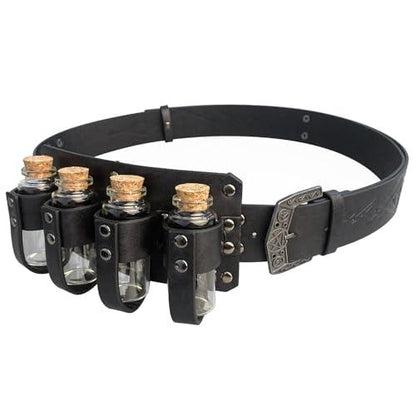 HiiFeuer Medieval Embossed Alchemy Faux Leather Buckle Belt with 4 Cork Vials, Fantasy Wizard Potion Bottles Belt - HiiFeuer Store