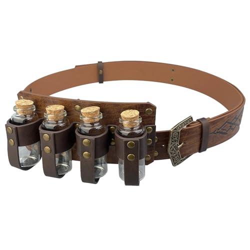 HiiFeuer Medieval Embossed Alchemy Faux Leather Buckle Belt with 4 Cork Vials, Fantasy Wizard Potion Bottles Belt - HiiFeuer Store