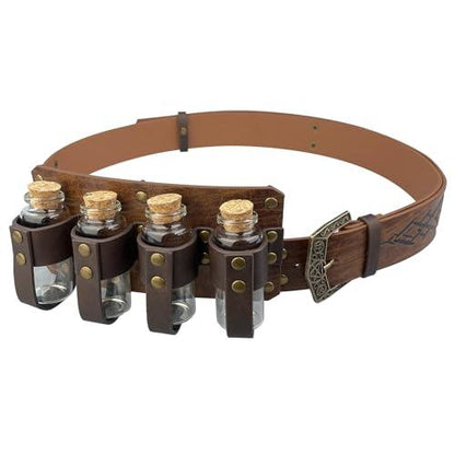 HiiFeuer Medieval Embossed Alchemy Faux Leather Buckle Belt with 4 Cork Vials, Fantasy Wizard Potion Bottles Belt - HiiFeuer Store