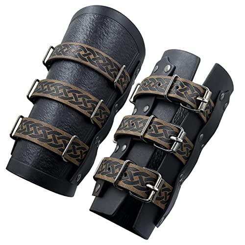 HiiFeuer Medieval Vintage Faux Leather Bracers, Retro Buckle Fastening Mercenary Arm Guards, Costume Knight Gauntlets - HiiFeuer Store