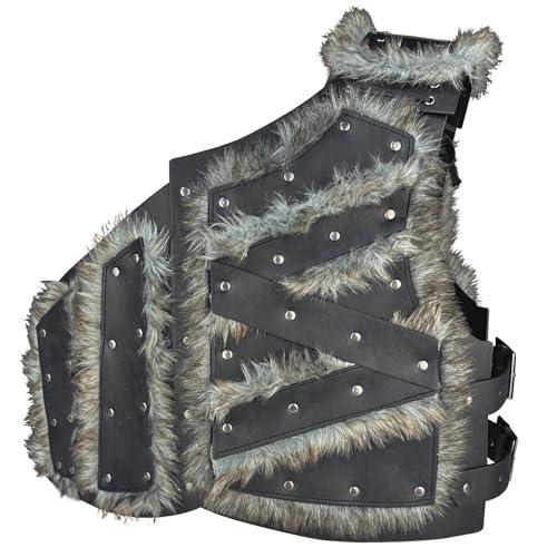 HiiFeuer Viking Artificial Fur Faux Leather Chest Armor, Medieval Vintage Barbarian Body Armor Knight Adjustable Vest Armour - HiiFeuer Store