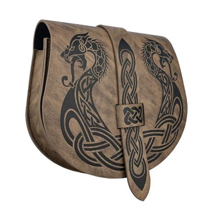 HiiFeuer Viking Embossed Langskip Belt Pouch, Medieval Faux Leather Flap Saddle Side Bag Purses, Retro Portable Belt Bag - HiiFeuer Store