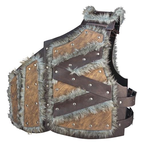 HiiFeuer Viking Artificial Fur Faux Leather Chest Armor, Medieval Vintage Barbarian Body Armor Knight Adjustable Vest Armour - HiiFeuer Store