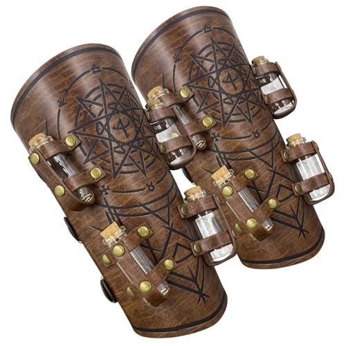 HiiFeuer Medieval Embossed Alchemy Bracers with 8 Cork Vials, Fantasy Faux Leather Buckle Arm Guards Magic Archer Gauntlets - HiiFeuer Store