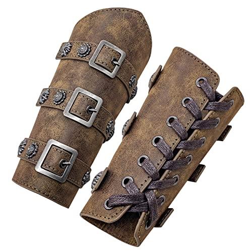 HiiFeuer Medieval PU Leather Buckle Arm Bracers, Knight LARP Retro Renaissance Arm Guards, One Size One Pair - HiiFeuer Store