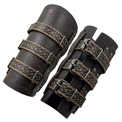 HiiFeuer Medieval Vintage Faux Leather Bracers, Retro Buckle Fastening Mercenary Arm Guards, Costume Knight Gauntlets - HiiFeuer Store