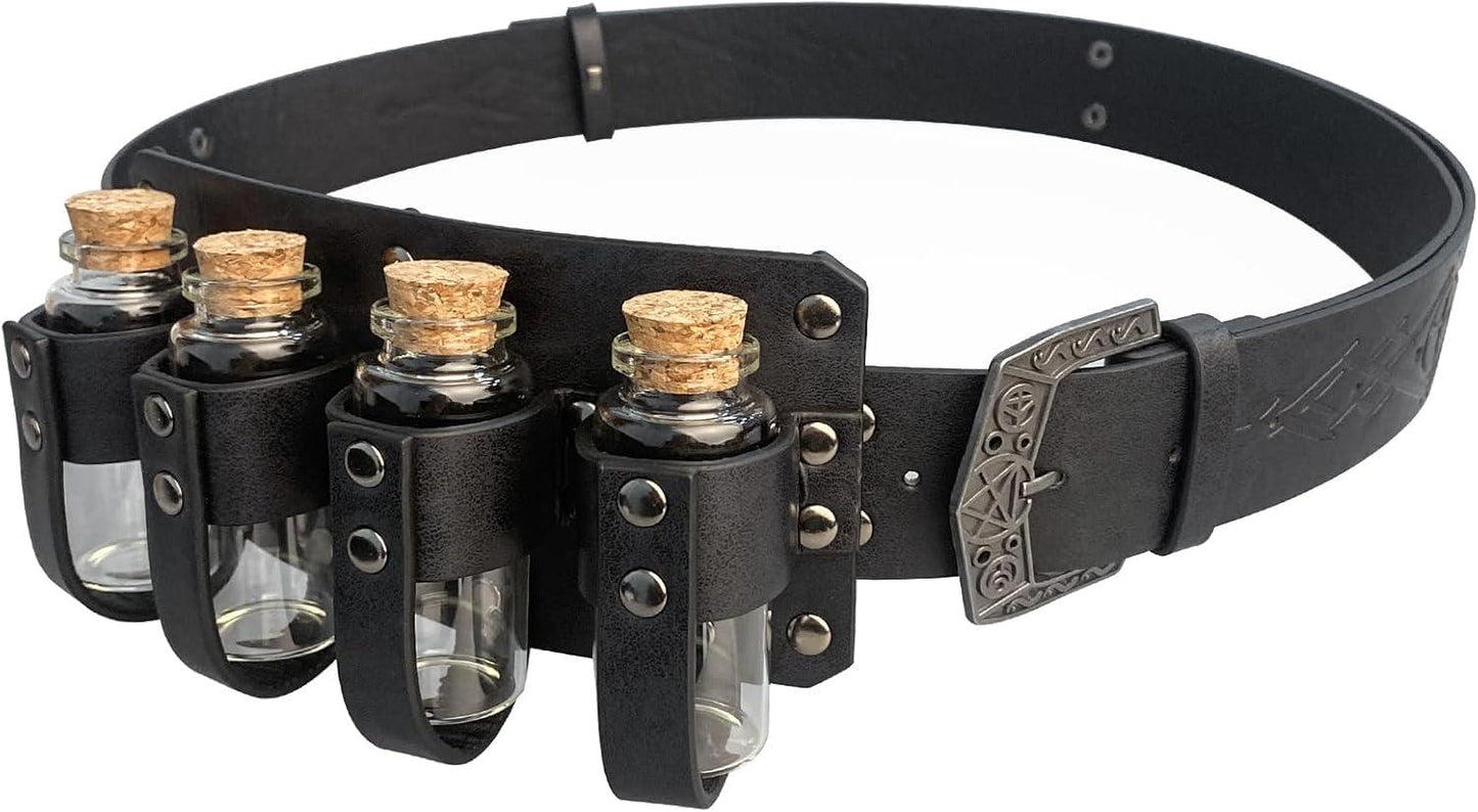 HiiFeuer Medieval Embossed Alchemy Faux Leather Buckle Belt with 4 Cork Vials, Fantasy Wizard Potion Bottles Belt - HiiFeuer Store