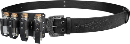 HiiFeuer Medieval Embossed Alchemy Faux Leather Buckle Belt with 4 Cork Vials, Fantasy Wizard Potion Bottles Belt - HiiFeuer Store