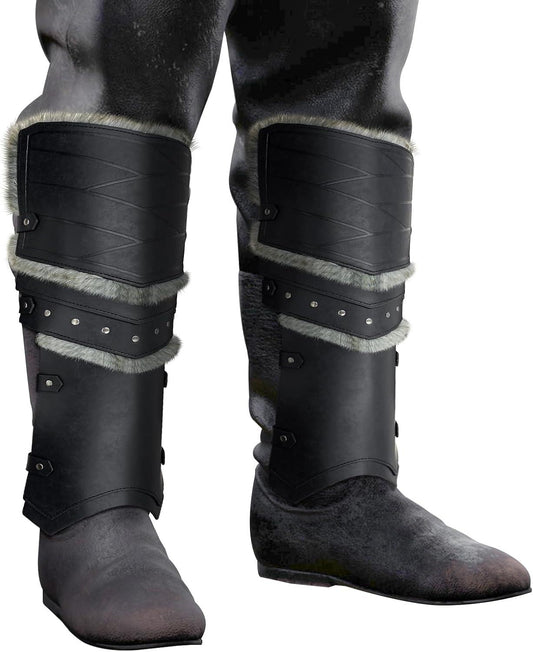 HiiFeuer Medieval Faux Leather Barbarian Leg Gaiters, Vintage Middle Ages Knight Leg Armor, Artificial Fur Shin Guards - HiiFeuer Store