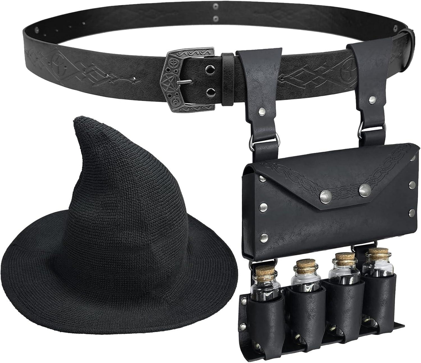 HiiFeuer Medieval Faux Leather Alchemy Set, Witch Pointed Hat for Women, Fantasy Wizard Belt with Potion Vials Waist Pouch - HiiFeuer Store