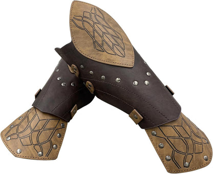 HiiFeuer Medieval Embossed Faux Leather Elf Arm Guards, Fantasy Cosplay Buckle Bracers, Knight Archer Gauntlets for LARP - HiiFeuer Store