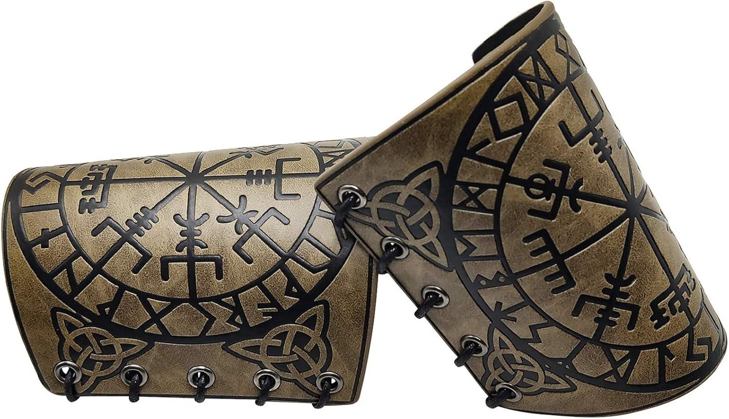 HiiFeuer Viking Vegvisir Embossed Leather Arm Armor 3 Colors LARP Gauntlet Leather Armor Bracer - HiiFeuer Store