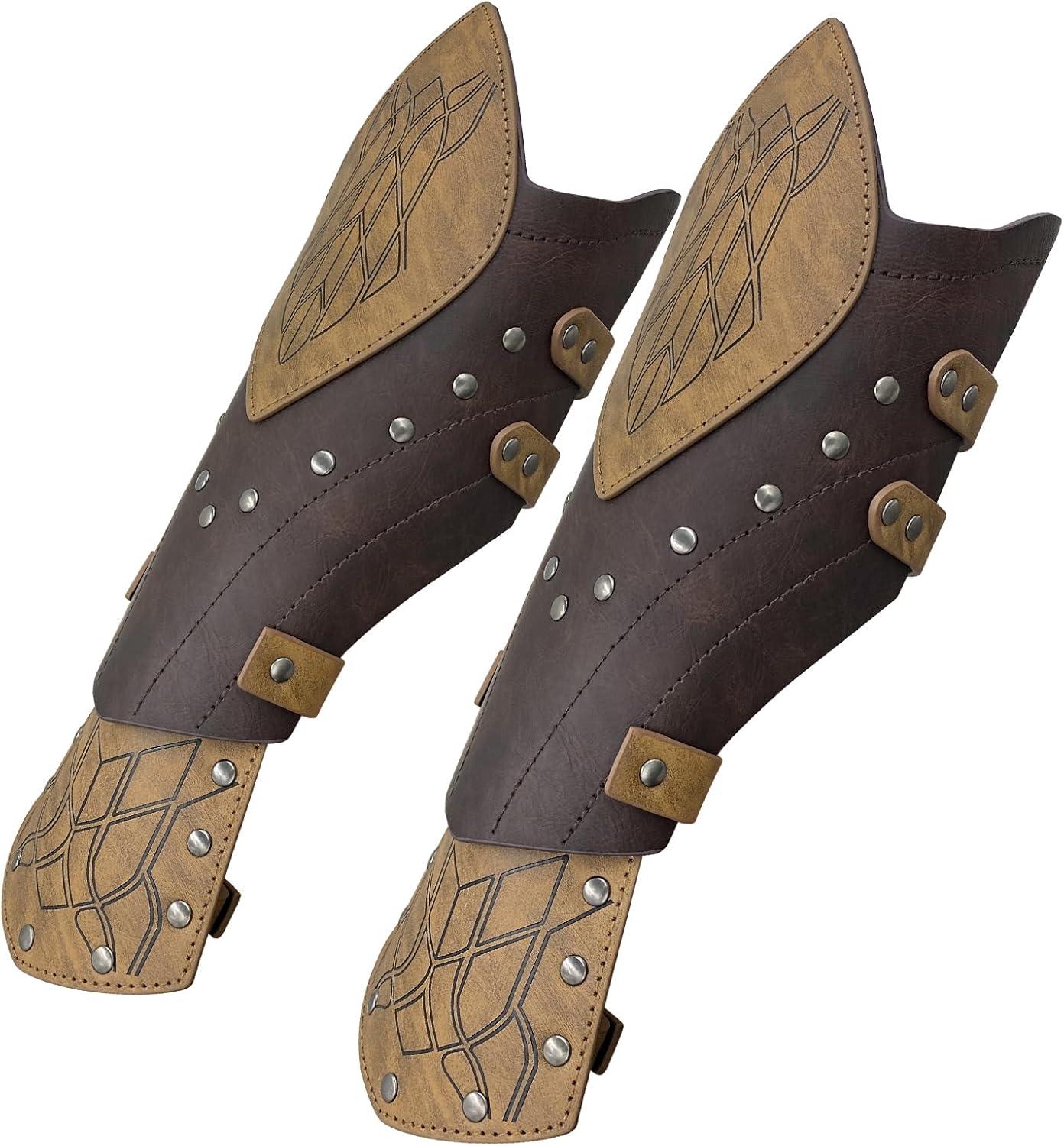 HiiFeuer Medieval Embossed Faux Leather Elf Arm Guards, Fantasy Cosplay Buckle Bracers, Knight Archer Gauntlets for LARP - HiiFeuer Store