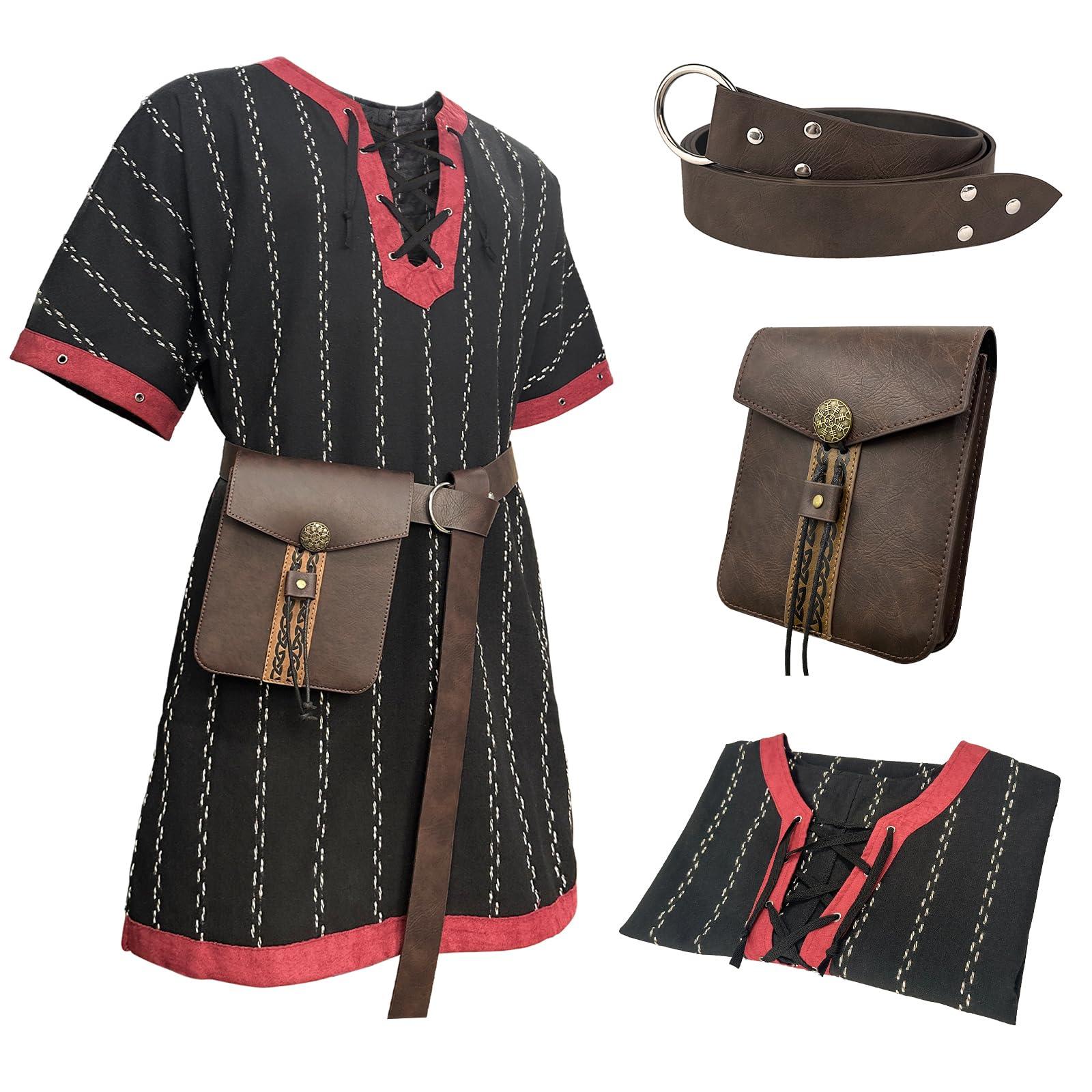 HiiFeuer Medieval Stripe Loose Tunic Top, with Vintage Belt and Bag, Renaissance Knight Lace Up Shirt, Viking Pirate Costume - HiiFeuer Store