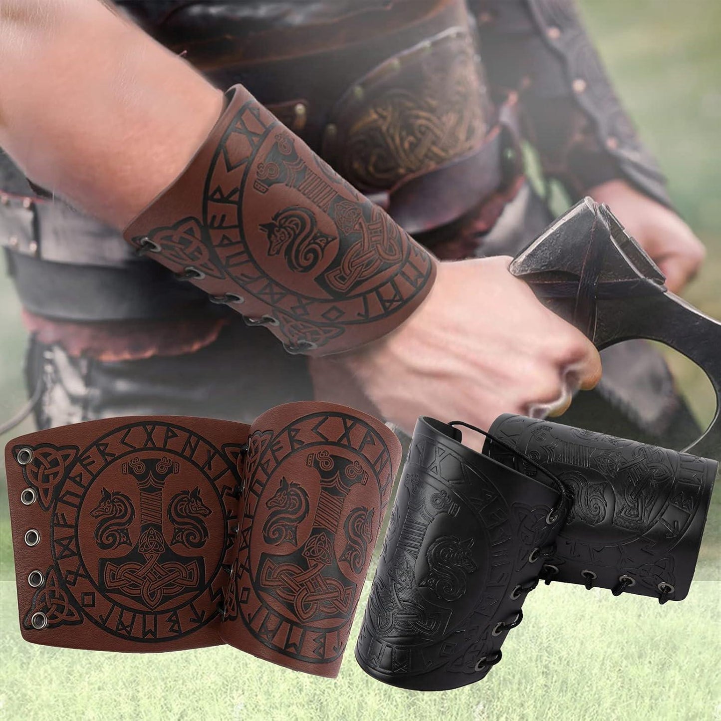 HiiFeuer Viking Arm Bracer, Embossed Norse Symbol Faux Leather Arm Armor, Medieval Faux Leather Arm Wristband for LARP - HiiFeuer Store