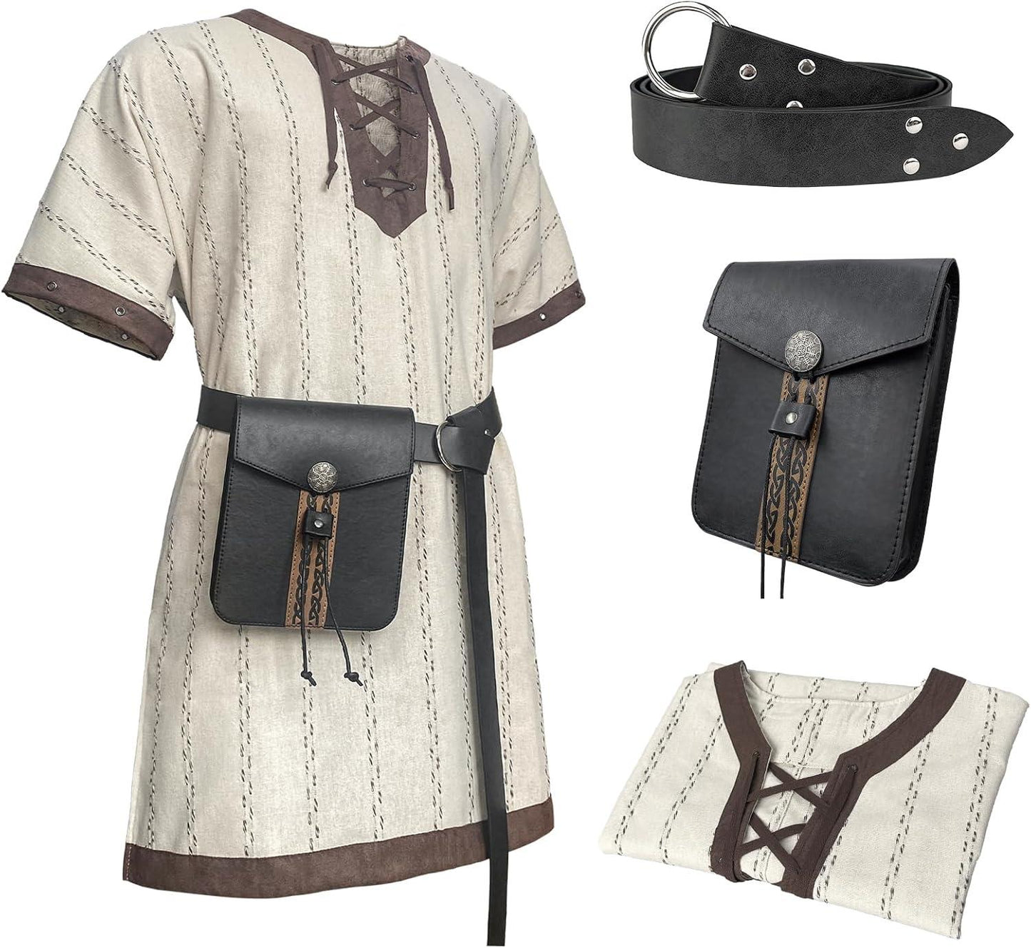 HiiFeuer Medieval Stripe Loose Tunic Top, with Vintage Belt and Bag, Renaissance Knight Lace Up Shirt, Viking Pirate Costume - HiiFeuer Store