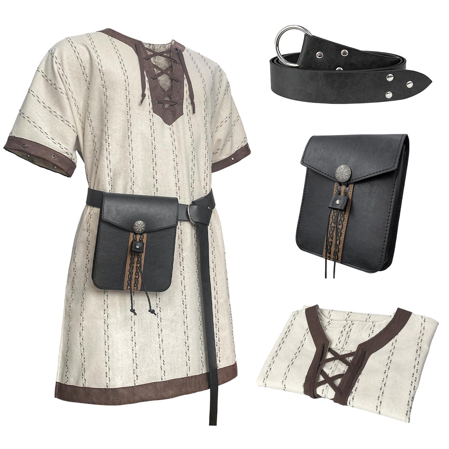 HiiFeuer Medieval Stripe Loose Tunic Top, with Vintage Belt and Bag, Renaissance Knight Lace Up Shirt, Viking Pirate Costume - HiiFeuer Store