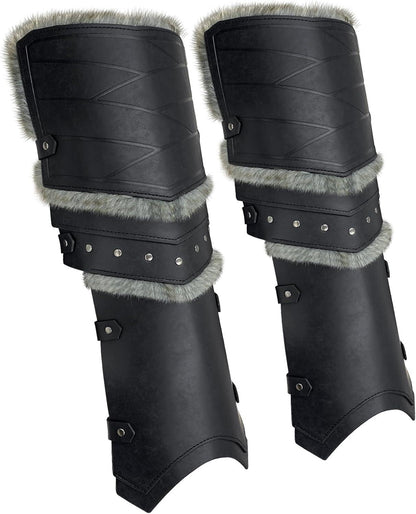 HiiFeuer Medieval Faux Leather Barbarian Leg Gaiters, Vintage Middle Ages Knight Leg Armor, Artificial Fur Shin Guards - HiiFeuer Store