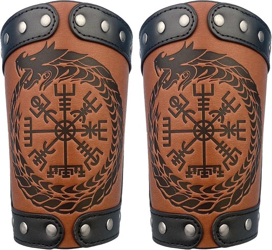 HiiFeuer Embossed Viking Symble Faux Leather Arm Armor, Viking Gauntlet Bracers, Knight Arm Guards for LARP Ren Faire - HiiFeuer Store