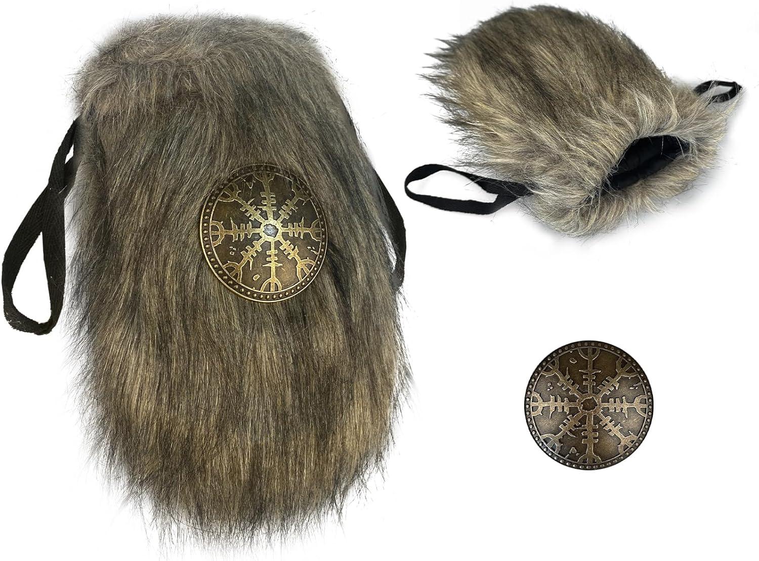 HiiFeuer Viking Faux Fur Belt Bag Nordic Badge Belt Pouch Fuzzy Portable Drawstring Purse Medieval Cosplay Side Pack Dice Bag - HiiFeuer Store