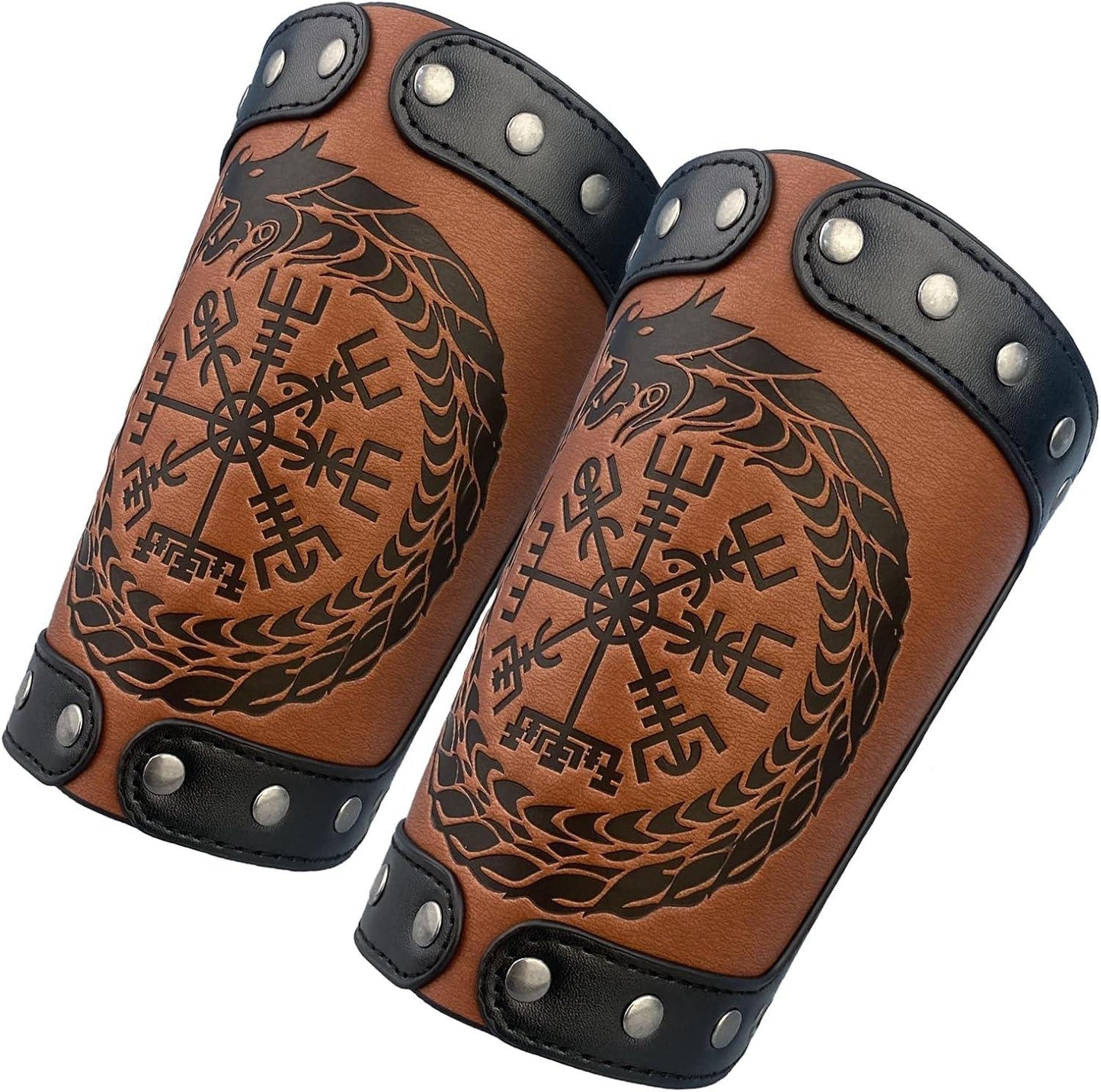 HiiFeuer Embossed Viking Symble Faux Leather Arm Armor, Viking Gauntlet Bracers, Knight Arm Guards for LARP Ren Faire - HiiFeuer Store