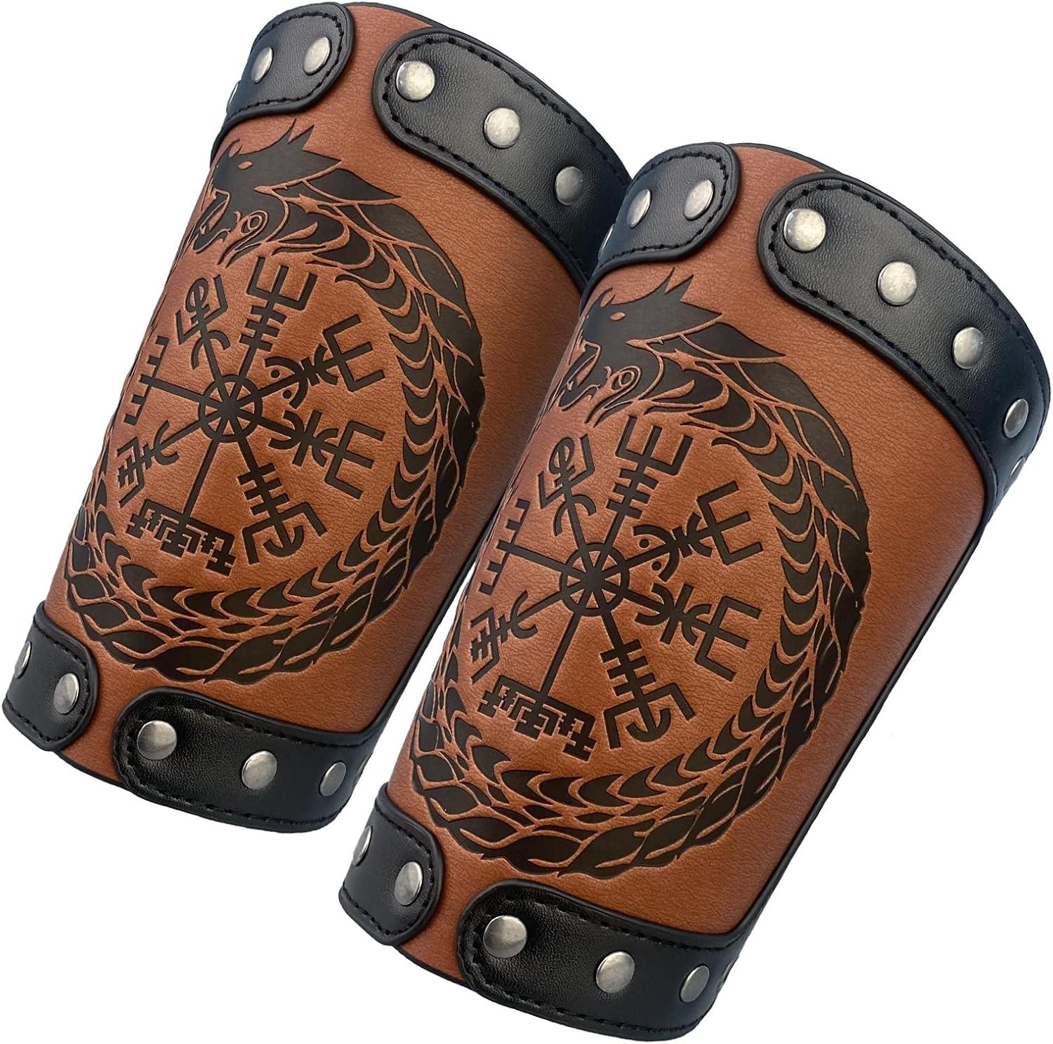 HiiFeuer Embossed Viking Symble Faux Leather Arm Armor, Viking Gauntlet Bracers, Knight Arm Guards for LARP Ren Faire - HiiFeuer Store