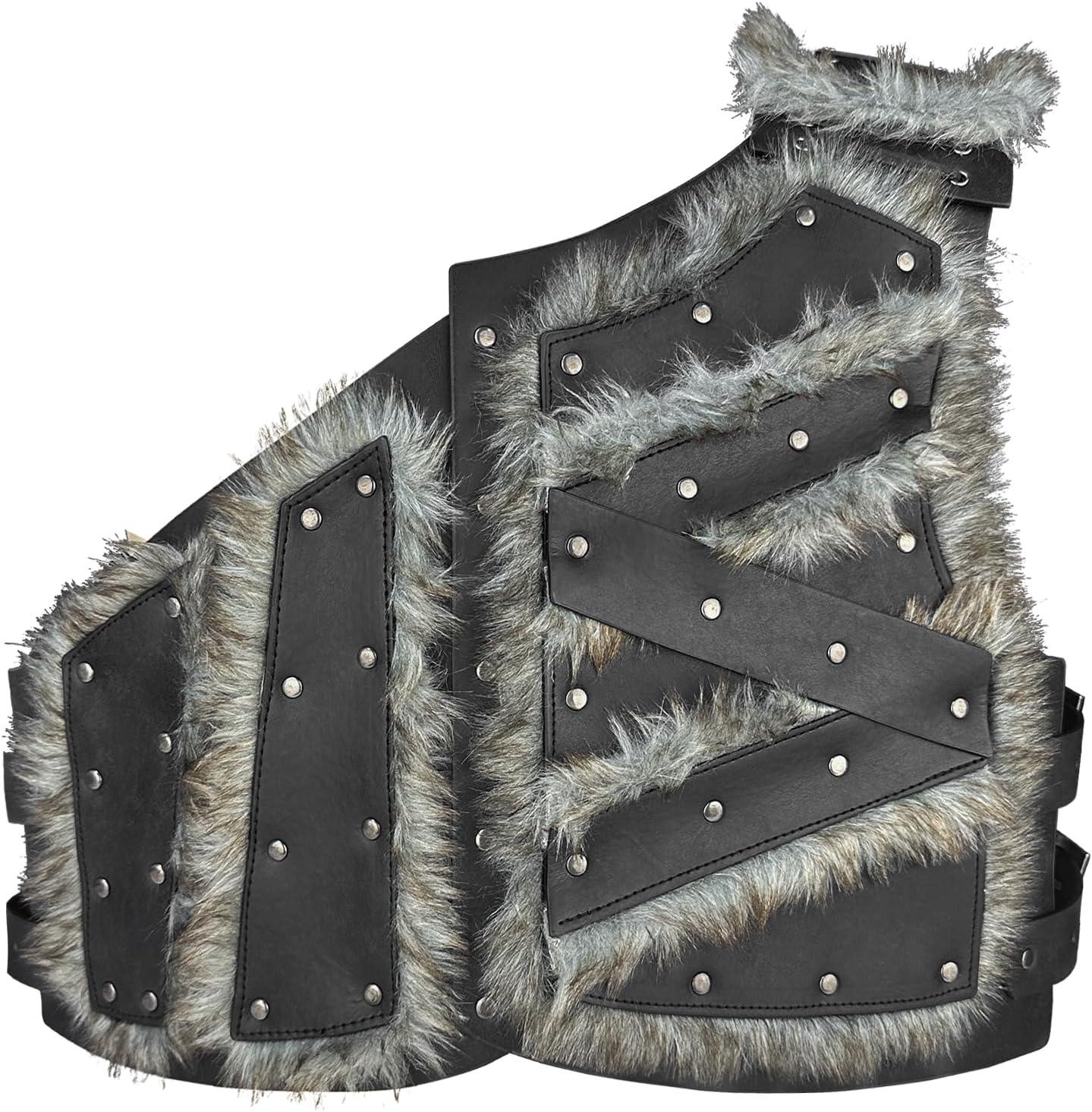 HiiFeuer Viking Artificial Fur Faux Leather Chest Armor, Medieval Vintage Barbarian Body Armor Knight Adjustable Vest Armour - HiiFeuer Store