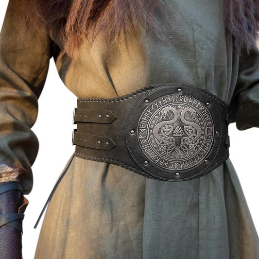 HiiFeuer Viking Embossed Double Dragon Waist Armor, Vintage Norse Faux Leather Wide Belt, Medieval Mercenary Corset Belt - HiiFeuer Store