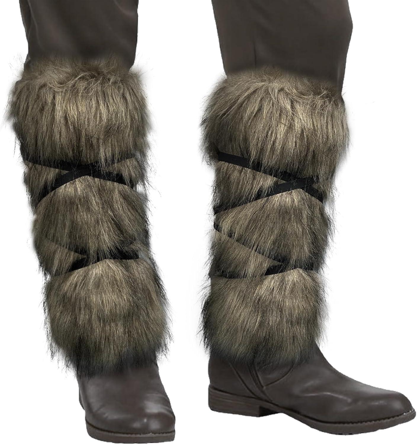 HiiFeuer Viking Artificial Fur Barbarian Leg Warmers Wrap, Medieval Fuzzy Leg Gaiters, Warrior Shin Guards Vintage Leg Armor - HiiFeuer Store