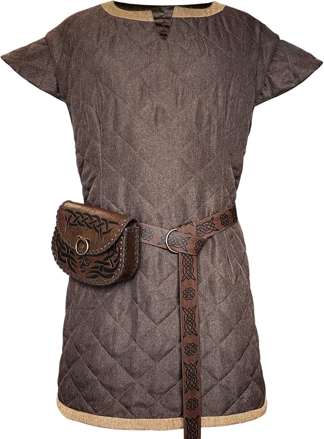 HiiFeuer Medieval Costume Tunic, With Vintage Belt and Bag, Mercenary Knight Body Cloth Armor, Renaissance LARP Cosplay Set - HiiFeuer Store