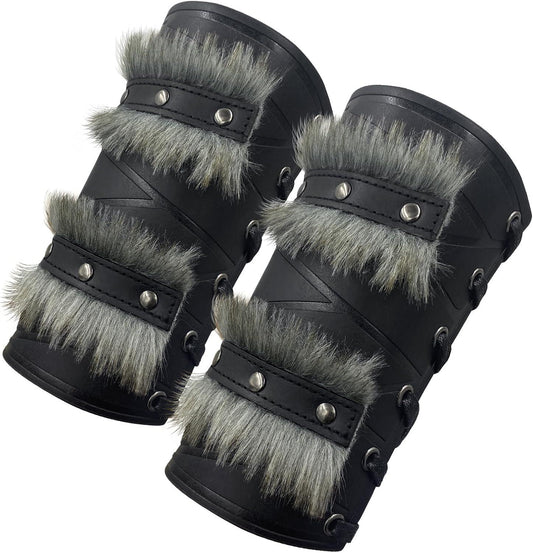 HiiFeuer Nordic Viking Barbarian Arm Guards, Medieval Artificial Fur Gauntlets, Vintage Faux Leather Bracers for LARP - HiiFeuer Store