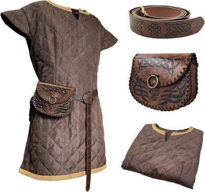 HiiFeuer Medieval Costume Tunic, With Vintage Belt and Bag, Mercenary Knight Body Cloth Armor, Renaissance LARP Cosplay Set - HiiFeuer Store