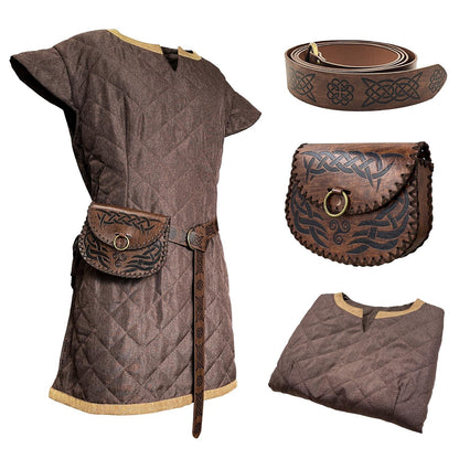 HiiFeuer Medieval Costume Tunic, With Vintage Belt and Bag, Mercenary Knight Body Cloth Armor, Renaissance LARP Cosplay Set - HiiFeuer Store