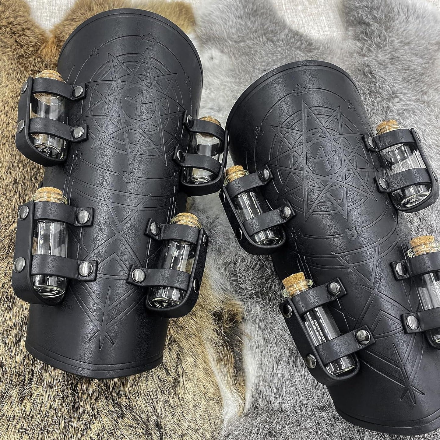 HiiFeuer Medieval Embossed Alchemy Bracers with 8 Cork Vials, Fantasy Faux Leather Buckle Arm Guards Magic Archer Gauntlets - HiiFeuer Store