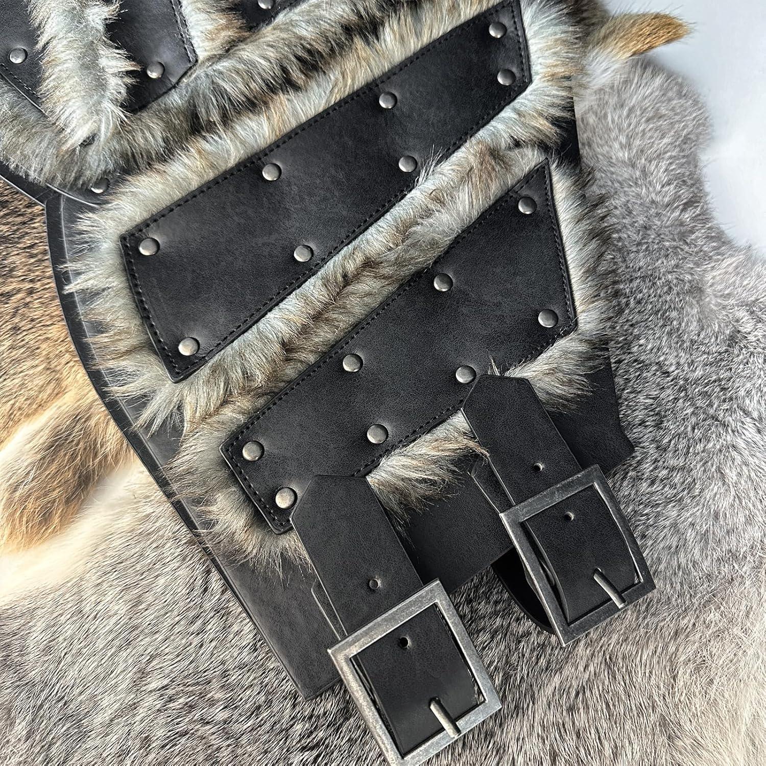 HiiFeuer Viking Artificial Fur Faux Leather Chest Armor, Medieval Vintage Barbarian Body Armor Knight Adjustable Vest Armour - HiiFeuer Store