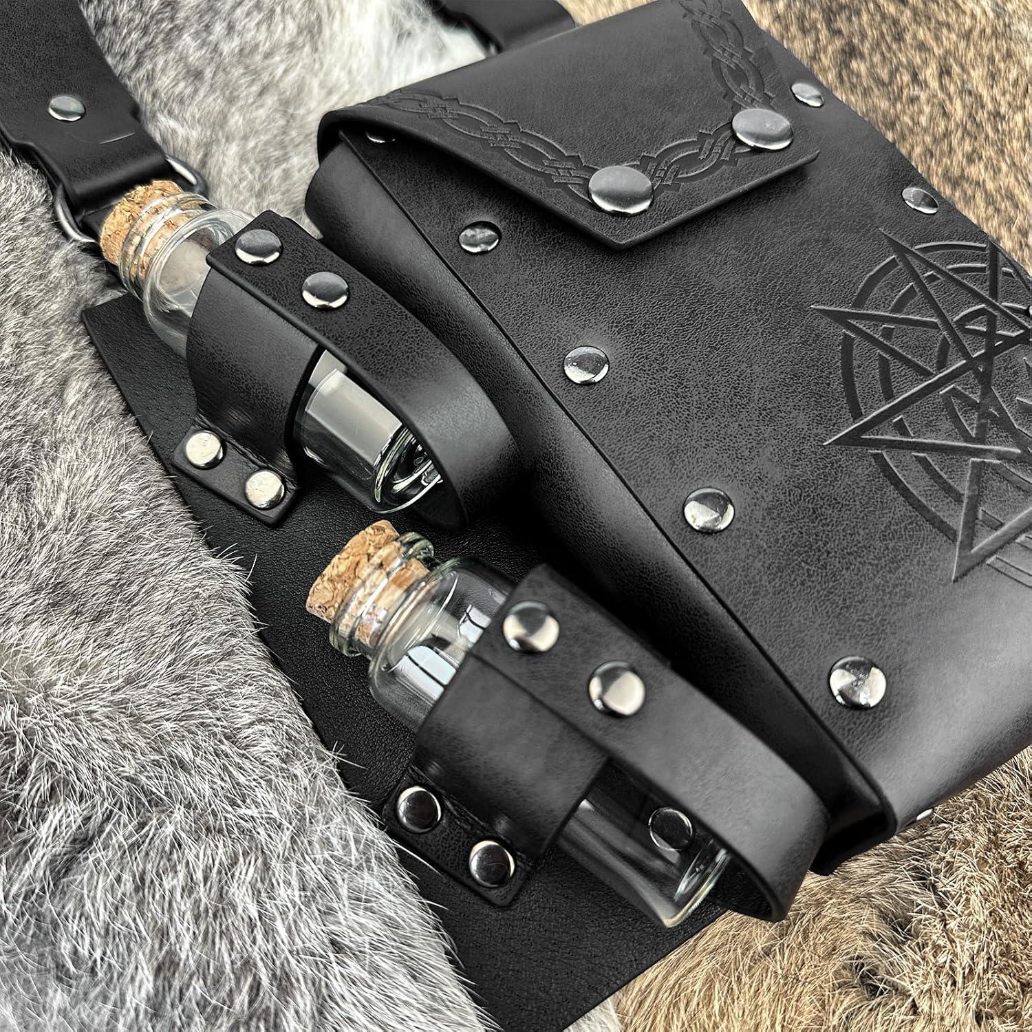 HiiFeuer Medieval Alchemy Faux Leather Belt Bag with 2 Cork Potion Vials, Fantasy Wizard Waist Pouch Side Pack for Ren Faire - HiiFeuer Store